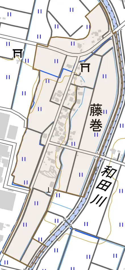 藤巻とその周辺の地図。町の範囲を重ねている