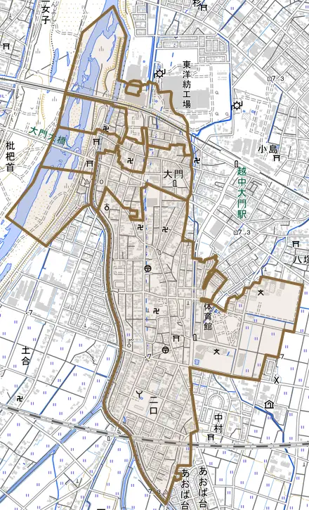 二口とその周辺の地図。町の範囲を重ねている
