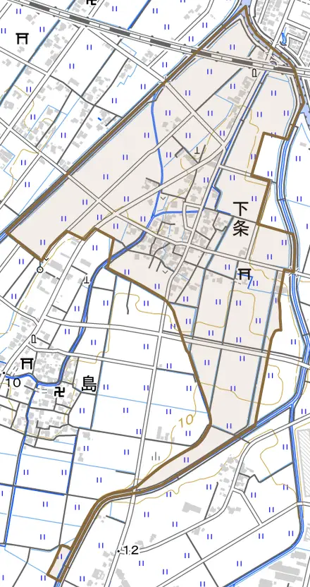 下条とその周辺の地図。町の範囲を重ねている