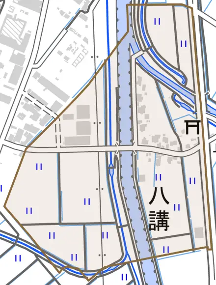 八講とその周辺の地図。町の範囲を重ねている