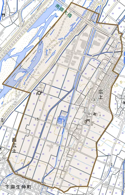 広上とその周辺の地図。町の範囲を重ねている