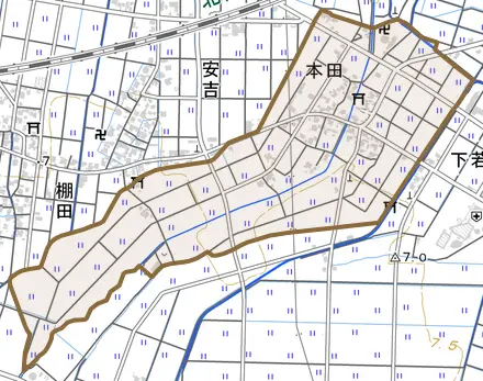 本田とその周辺の地図。町の範囲を重ねている