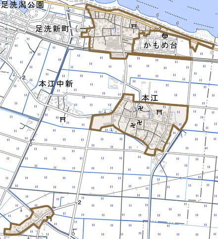 本江とその周辺の地図。町の範囲を重ねている