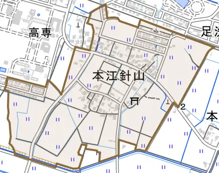 本江針山とその周辺の地図。町の範囲を重ねている