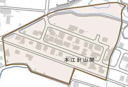 本江針山開とその周辺の地図。町の範囲を重ねている