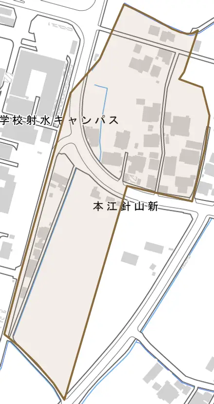 本江針山新とその周辺の地図。町の範囲を重ねている