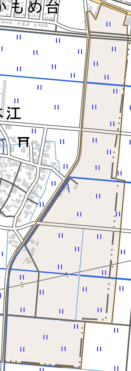 本江東とその周辺の地図。町の範囲を重ねている