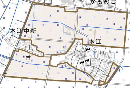 本江北とその周辺の地図。町の範囲を重ねている