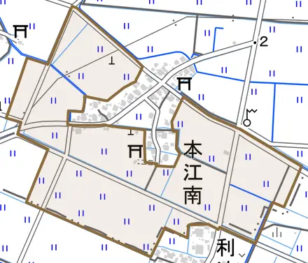 本江南とその周辺の地図。町の範囲を重ねている