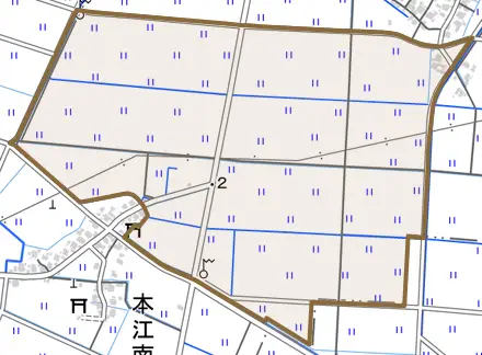 本江中とその周辺の地図。町の範囲を重ねている