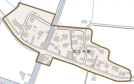 本江中新とその周辺の地図。町の範囲を重ねている