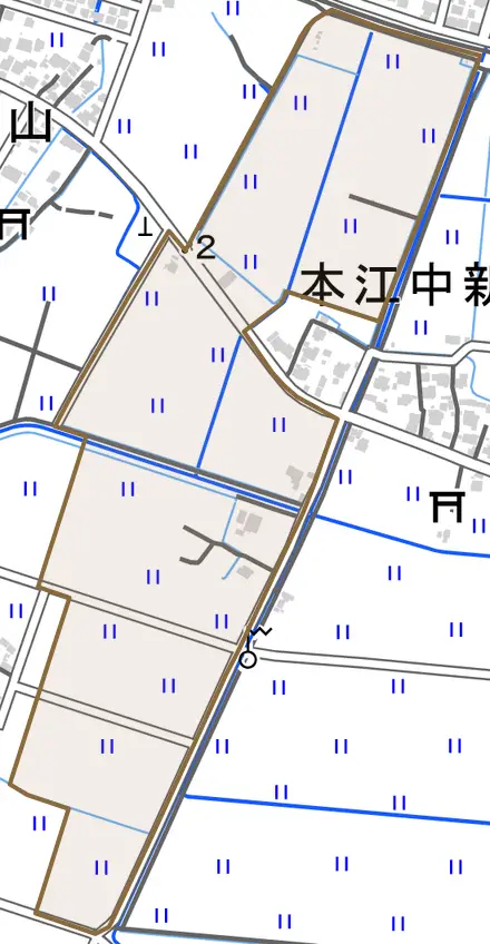 本江西とその周辺の地図。町の範囲を重ねている