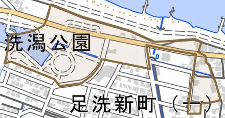 本江三箇とその周辺の地図。町の範囲を重ねている