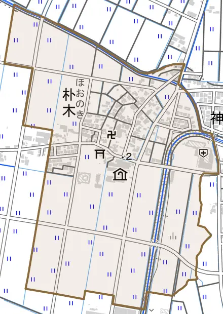朴木とその周辺の地図。町の範囲を重ねている