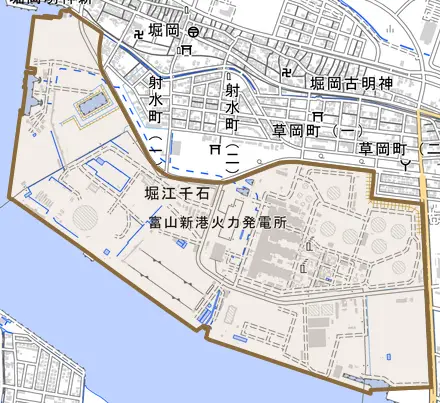 堀江千石とその周辺の地図。町の範囲を重ねている