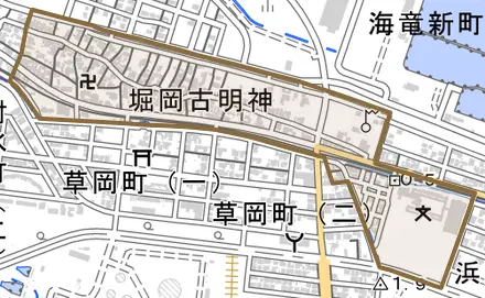 堀岡古明神とその周辺の地図。町の範囲を重ねている