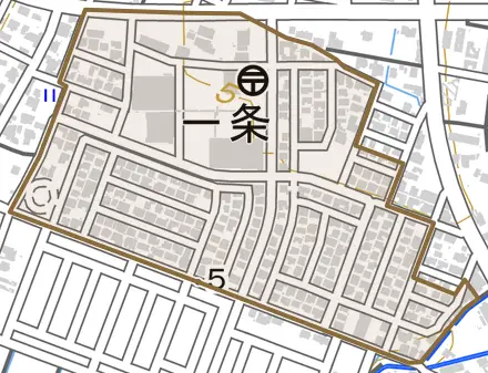 一条とその周辺の地図。町の範囲を重ねている