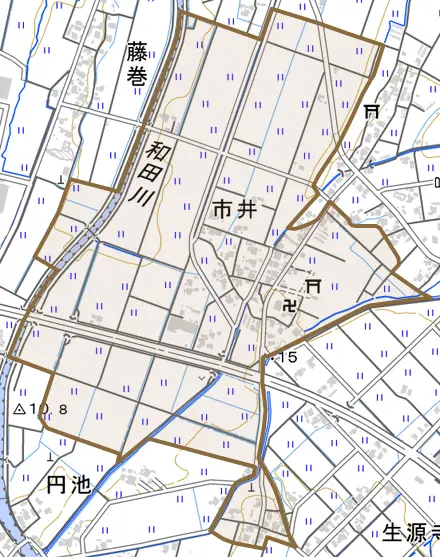 市井とその周辺の地図。町の範囲を重ねている