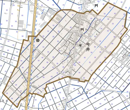 今井とその周辺の地図。町の範囲を重ねている