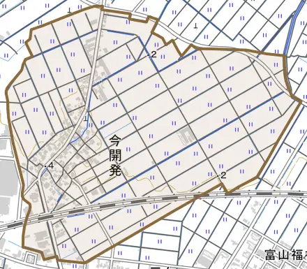 今開発とその周辺の地図。町の範囲を重ねている