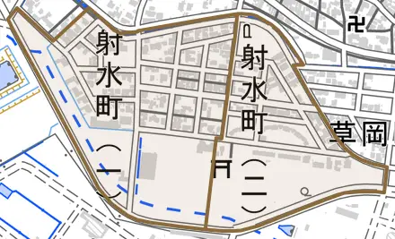 射水町とその周辺の地図。町の範囲を重ねている