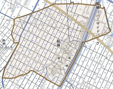 稲積とその周辺の地図。町の範囲を重ねている