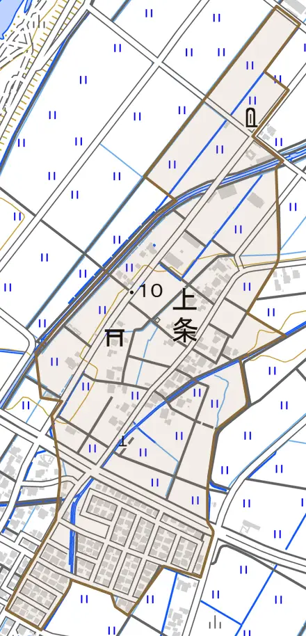 上条とその周辺の地図。町の範囲を重ねている