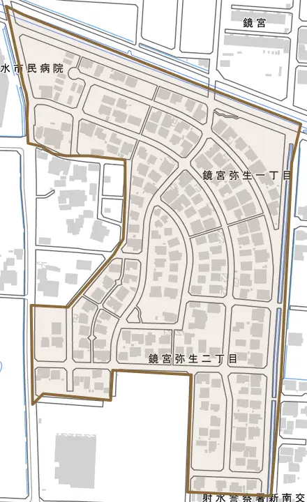 鏡宮弥生とその周辺の地図。町の範囲を重ねている