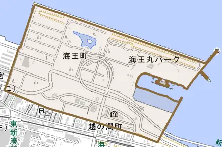 海王町とその周辺の地図。町の範囲を重ねている