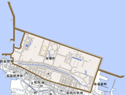 海竜町とその周辺の地図。町の範囲を重ねている