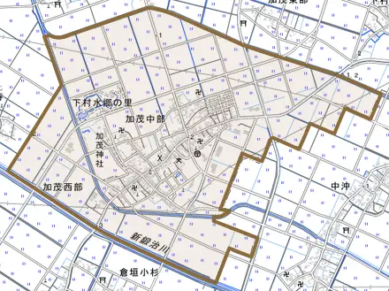 加茂中部とその周辺の地図。町の範囲を重ねている
