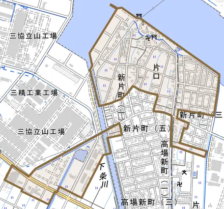 片口とその周辺の地図。町の範囲を重ねている
