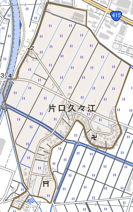 片口久々江とその周辺の地図。町の範囲を重ねている