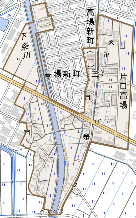 片口高場とその周辺の地図。町の範囲を重ねている