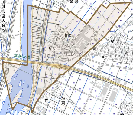 川口とその周辺の地図。町の範囲を重ねている