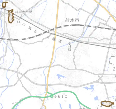 北野とその周辺の地図。町の範囲を重ねている
