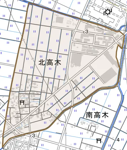 北高木とその周辺の地図。町の範囲を重ねている
