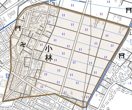 小林とその周辺の地図。町の範囲を重ねている