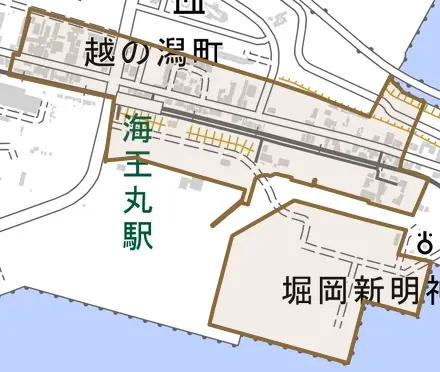 越の潟町とその周辺の地図。町の範囲を重ねている