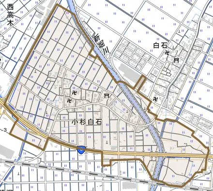 小杉白石とその周辺の地図。町の範囲を重ねている