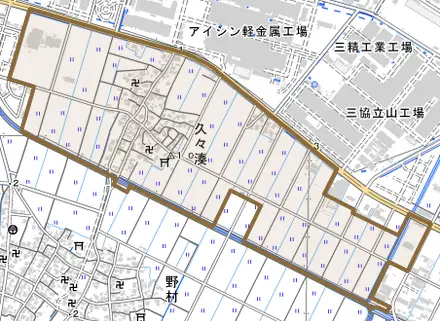 久々湊とその周辺の地図。町の範囲を重ねている