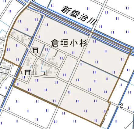 倉垣小杉とその周辺の地図。町の範囲を重ねている