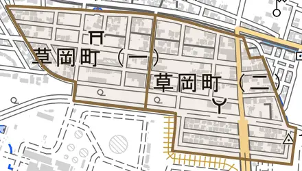 草岡町とその周辺の地図。町の範囲を重ねている