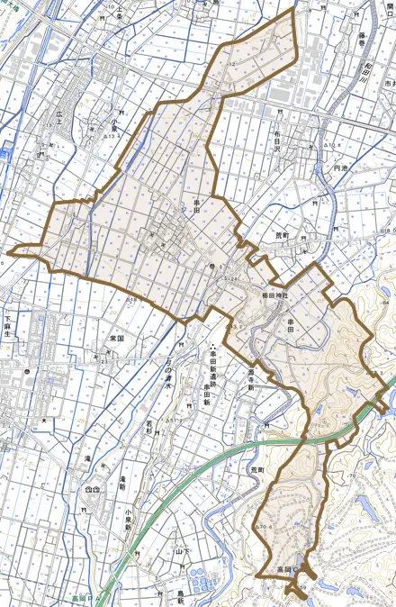 串田とその周辺の地図。町の範囲を重ねている