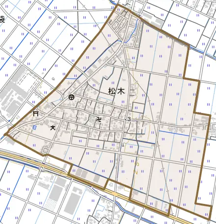 松木とその周辺の地図。町の範囲を重ねている