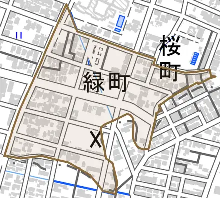 緑町とその周辺の地図。町の範囲を重ねている