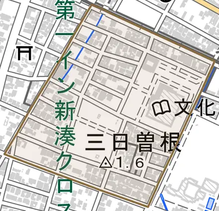 三日曽根とその周辺の地図。町の範囲を重ねている