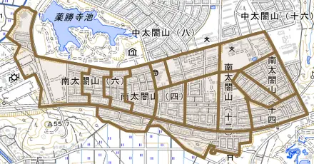 南太閤山とその周辺の地図。町の範囲を重ねている