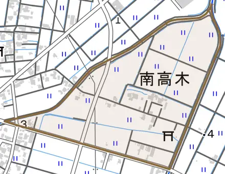 南高木とその周辺の地図。町の範囲を重ねている
