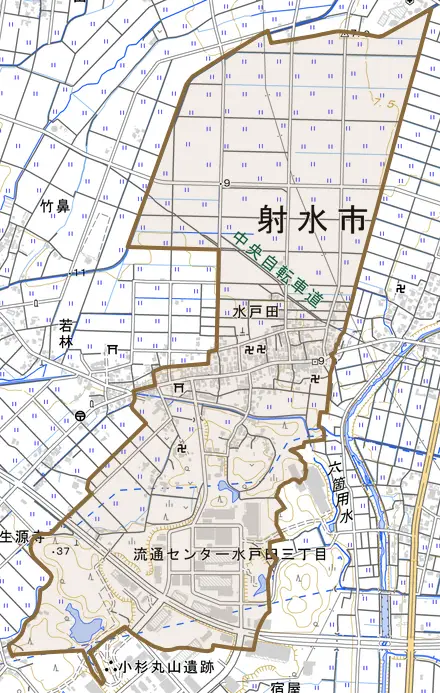 水戸田とその周辺の地図。町の範囲を重ねている